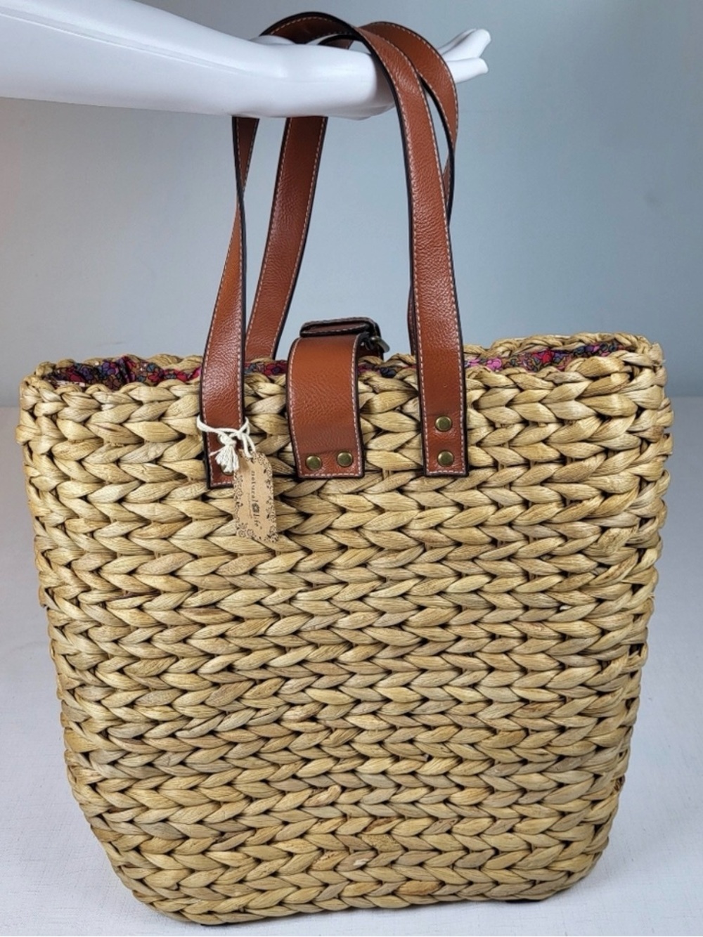 NATURAL LIFE Woven Straw Tote with Brown Faux Leather Straps